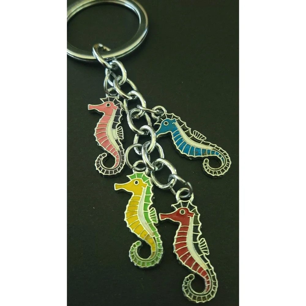 Colorful Enamel Seahorse Charm Keychain Silver Tone Ocean Beach Coastal 4.5in
